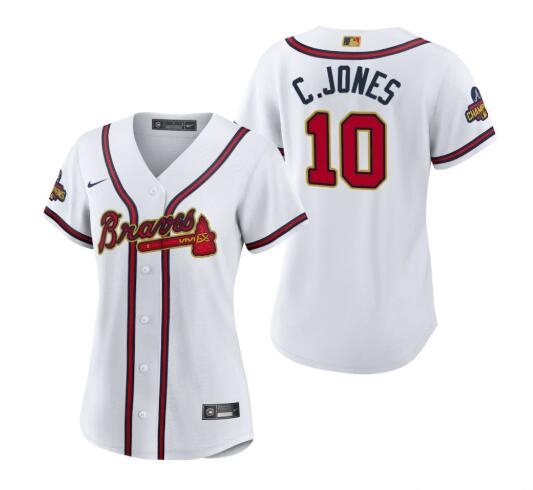 Women's Atlanta Braves #10 Chipper Jones 2022 White/Gold World Series Champions Program Stitched Jersey(Run Small) Women's Atlanta Braves #10 Chipper Jones 2022 White/Gold World Series Champions Program Stitched Jersey(Run Small)